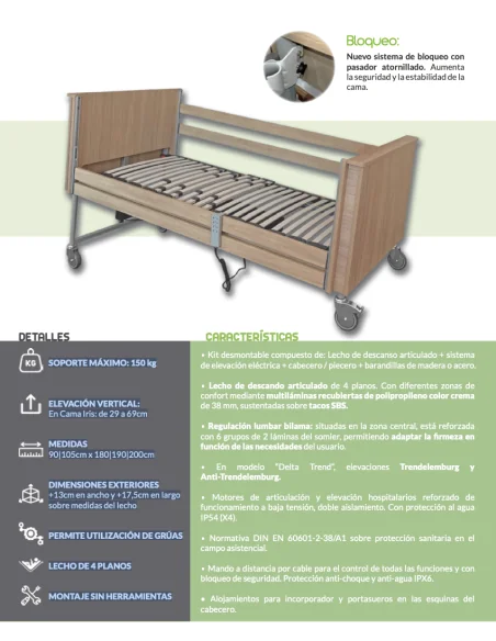 Cama articulada Delta 4 planos con motor hospitalario| Armisen Care