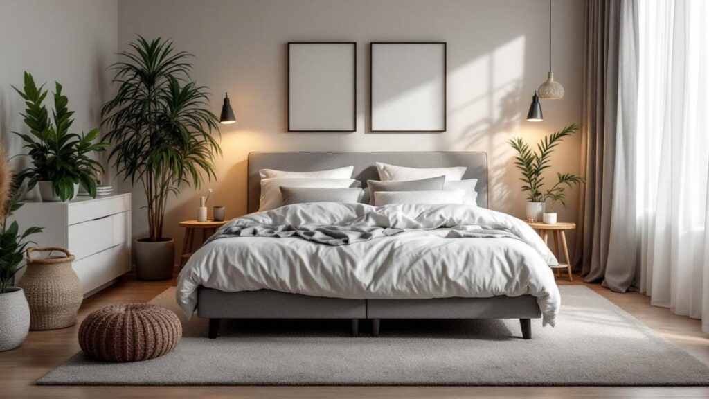 cama de matrimonio con sabanas blancas