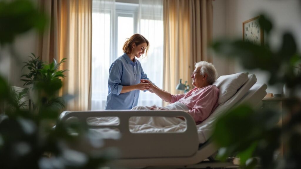 mujer mayor en cama con enfermera