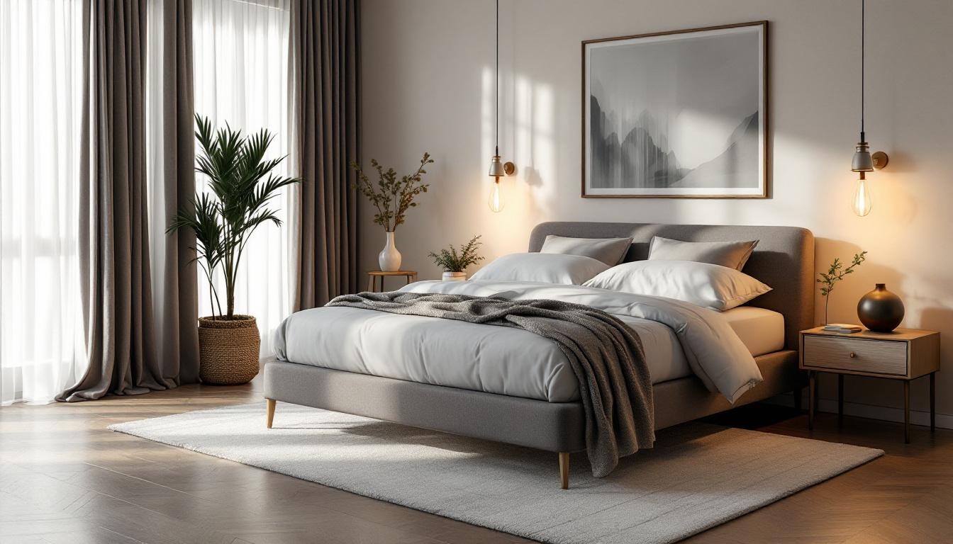 domitorio con cama con cabecero gris domitorio con cama con cabecero gris