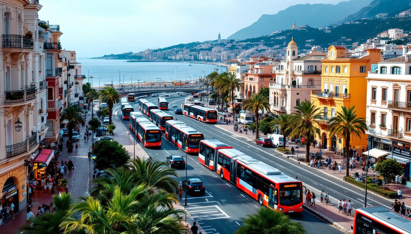 A photograph of a vibrant scene of articulated buses navigating the bustling streets of fuengirola