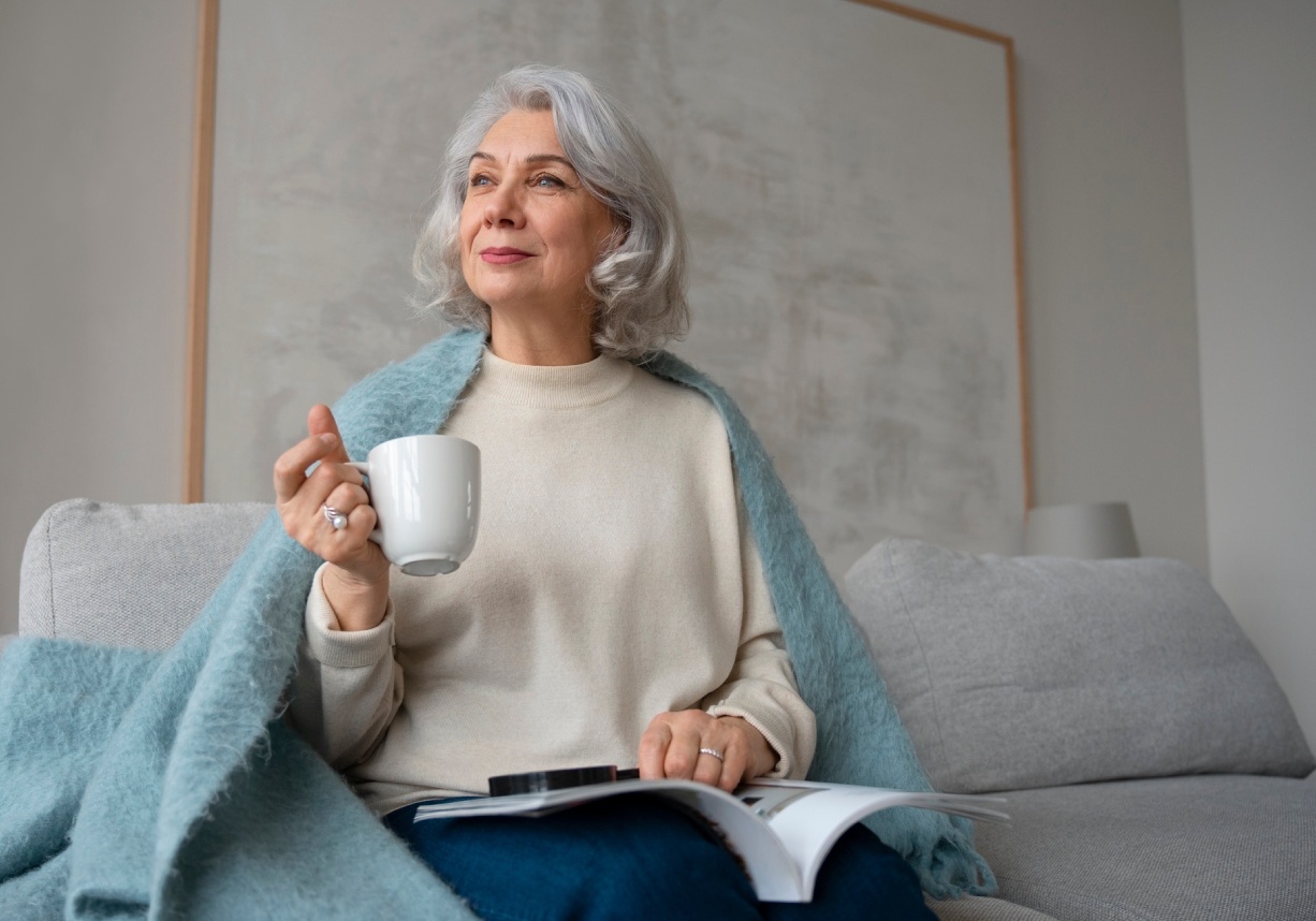 mujer mayor tomando una taza de cafe