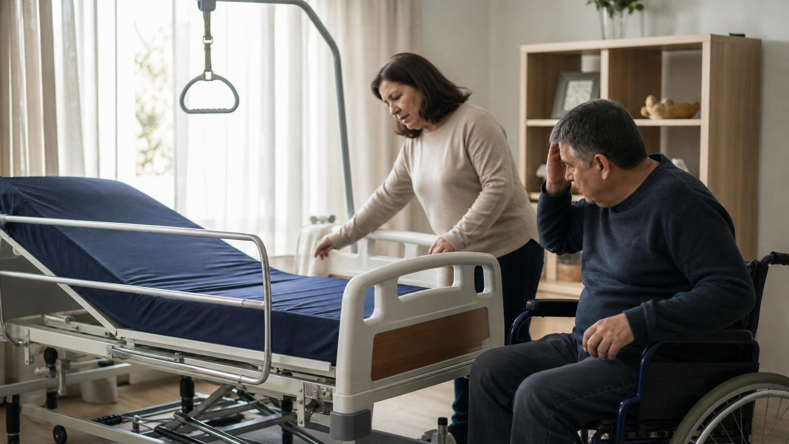 Concerned woman adjusting a home hospital bed while a man in a wheelchair looks on with a stressed expression in a bright living room.