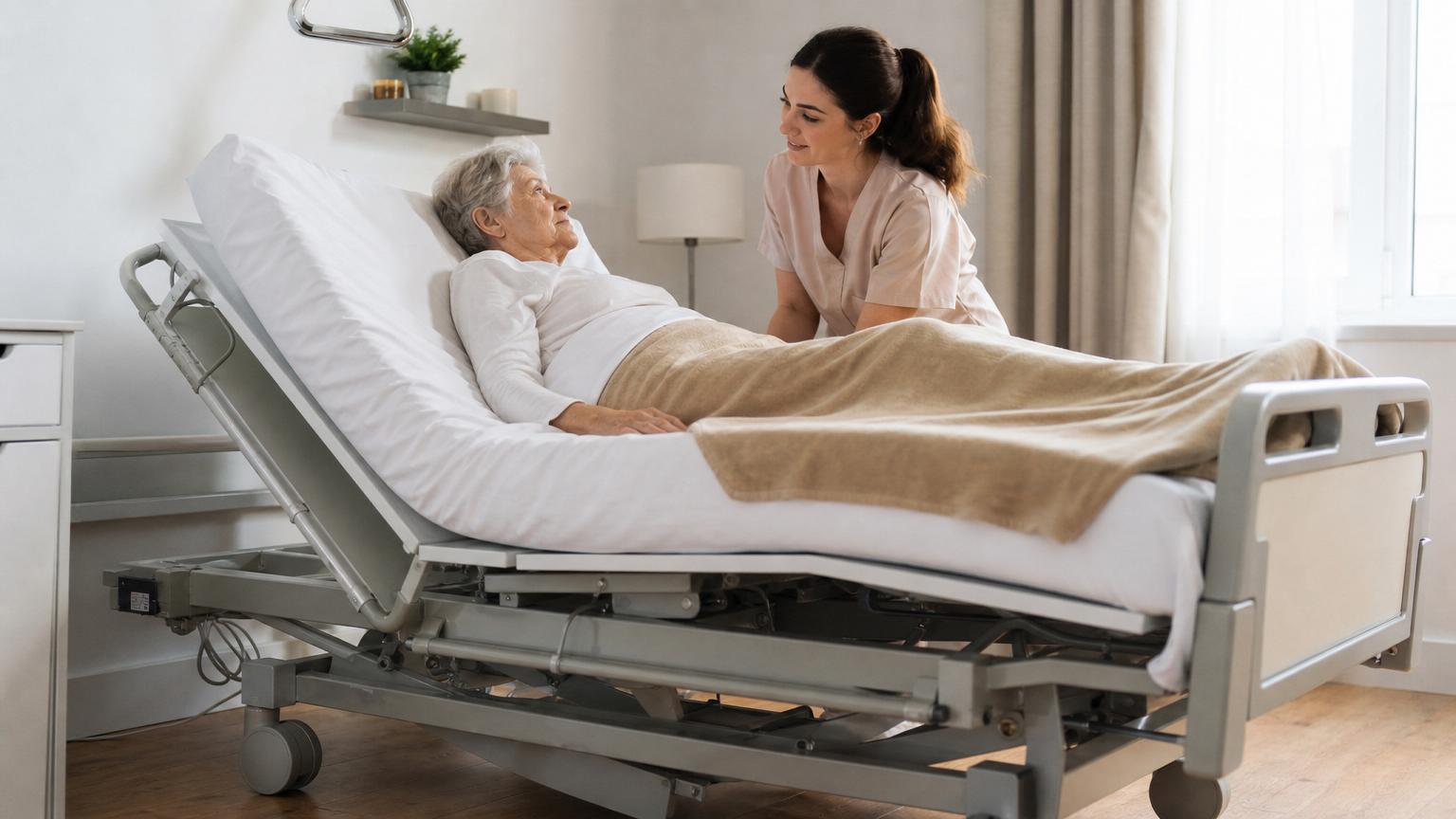 Elderly woman resting in an adjustable hospital bed while a caregiver in scrubs smiles and talks to her in a bright, modern room.
