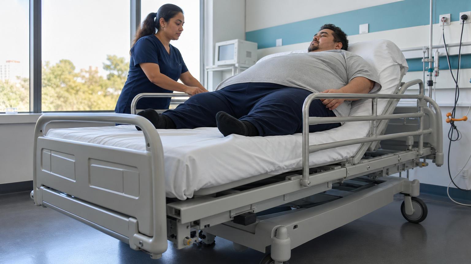 A nurse in blue scrubs assists a man lying on a wide, heavy-duty bariatric hospital bed with reinforced metal railings in a bright medical room.