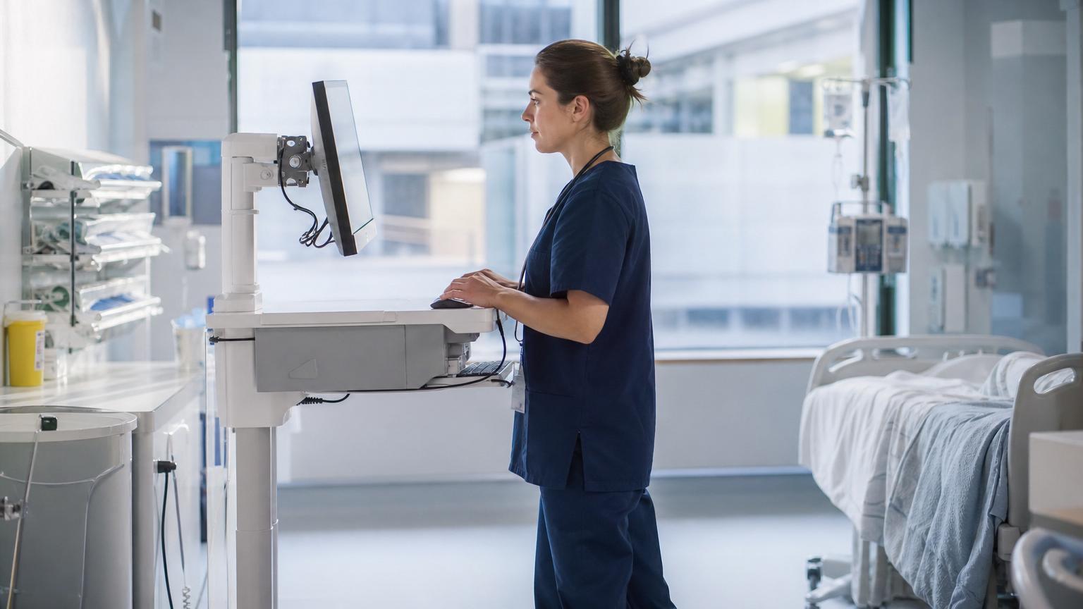 Female healthcare worker in blue scrubs using a computer on a height-adjustable mobile workstation in a bright hospital room.